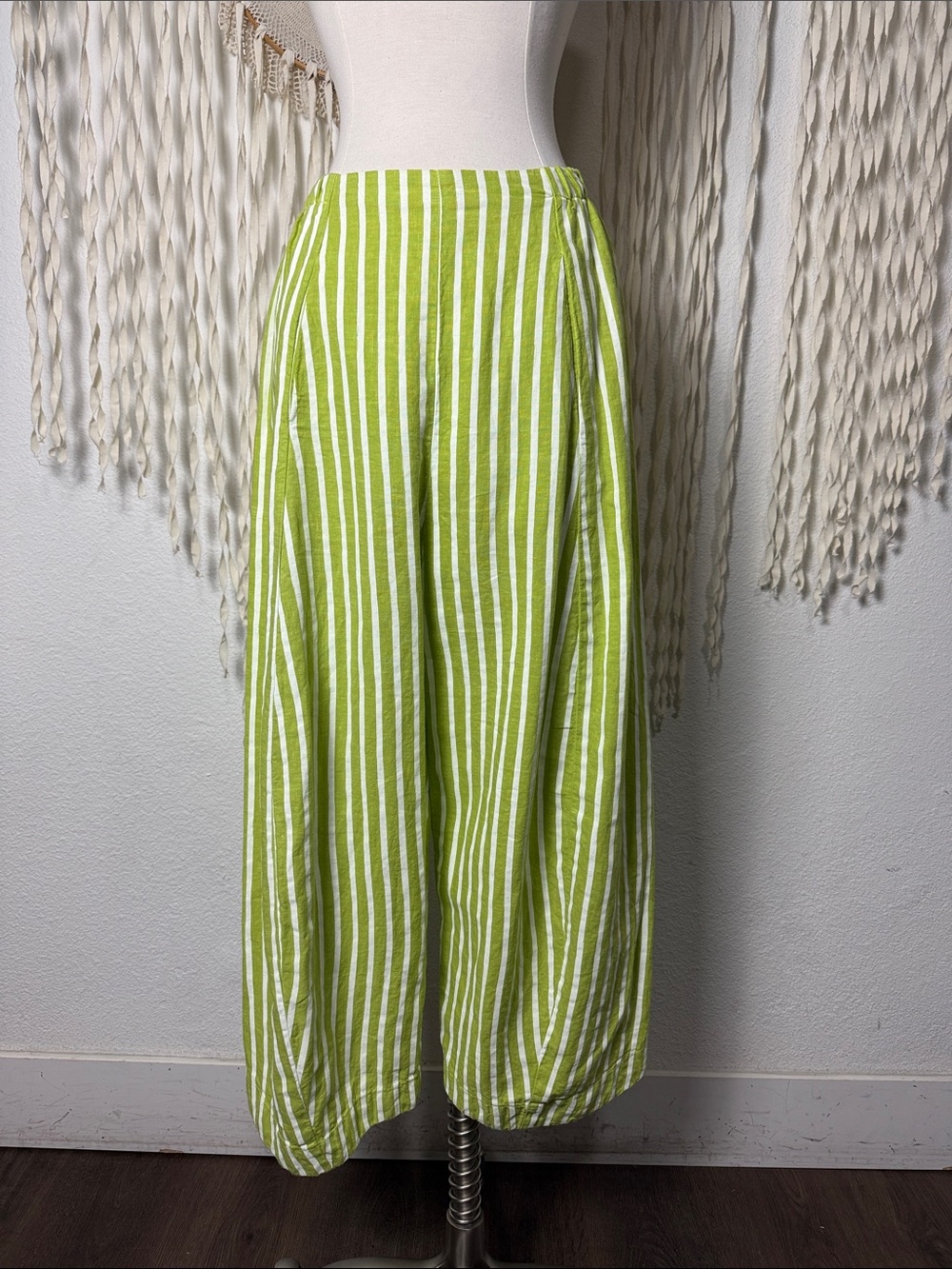 Banana Blue 100% Linen Mini Stripe Art to Wear Pants in Green and Ivory XS
